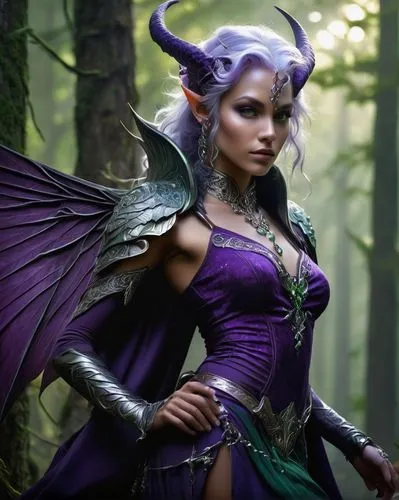 Fantasy tiefling, purple skin, slender build, pointed ears, intricate tattoos on arms, flowing silver hair, piercing green eyes, elegant makeup, shimmering purple crystal necklace, ornate armor, majes