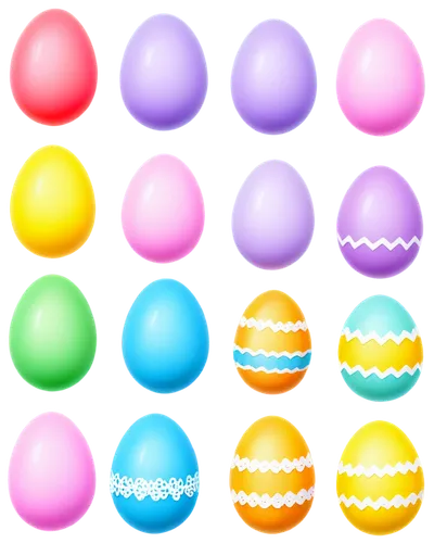 Colorful Easter stickers, cartoon style, various shapes, eggs, bunnies, flowers, chicks, candies, baskets, ribbons, shiny surface, vibrant colors, soft lighting, close-up shot, PNG with transparent ba