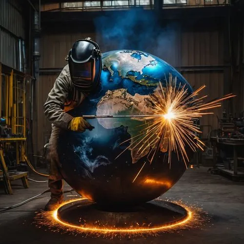 welder welds a huge metal ball in the shape of the planet earth in a welder's mask, sparks fly from the place of welding,yard globe,iron-pour,terrestrial globe,steelworker,glass sphere,welding helmet,