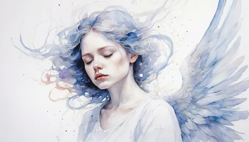 crying angel,angel's tears,angel wings,angel wing,angel girl,white bird,angel,fallen angel,the angel with the veronica veil,harpy,faery,winged heart,winged,mystical portrait of a girl,watercolor blue,white swan,mourning swan,baroque angel,angel head,white feather,Illustration,Paper based,Paper Based 20