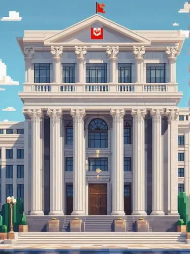 Government building, modern architectural style, grandiose entrance, marble floors, high ceilings, intricate moldings, neoclassical columns, symmetrical facade, national flag on top, bright natural li