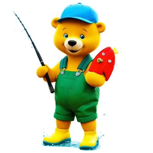 Cartoon bear, fishing rod, happy expression, blue eyes, yellow hat, red shirt, green overalls, wading boots, holding fish, water splashing, sunny day, riverbank, 3/4 composition, vibrant colors, exagg