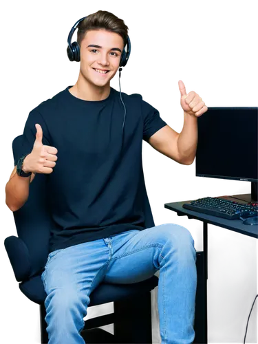 Young YouTuber, male, thumbs up, smiling, headset, microphone, casual wear, graphic t-shirt, jeans, sneakers, sitting in front of computer, multiple monitors, keyboard, mouse, video editing software, 