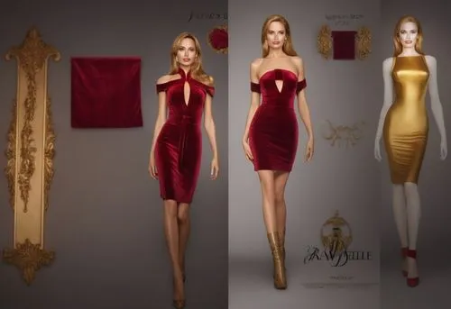 four dimensional view of different women in dresses,derivable,christmas gold and red deco,boisset,designer dolls,fashion dolls,leg dresses,Photography,General,Realistic