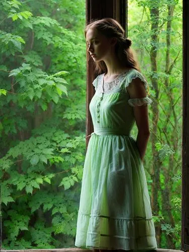 This picture shows a young English Lady in a light-colored dress standing at a window. Her gaze is directed outside and she appears to be pensive. Bright colors. The surroundings outside appear green 