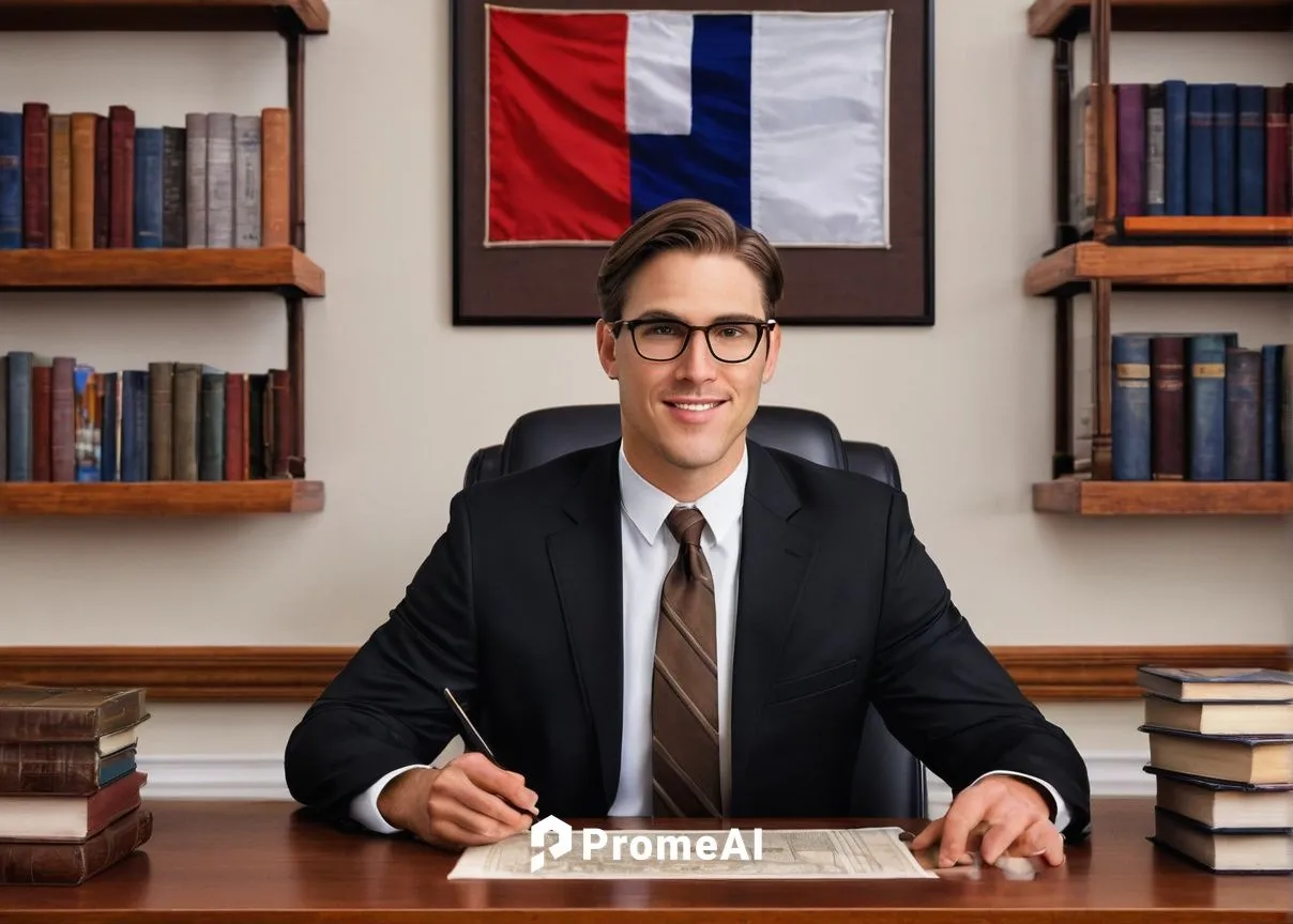 Texas Board of Architectural Examiners, male examiner, 40s, glasses, short brown hair, formal attire, black suit, white shirt, tie, sitting, wooden desk, Texas flag, certificate frames, bookshelves, m