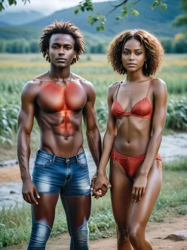 Dark-skinned boy and dark-skinned girl turning towards each other.,the black man and the woman are posing for the camera,adam and eve,liberians,black couple,bodypaint,aborigines,angolans,Photography,G