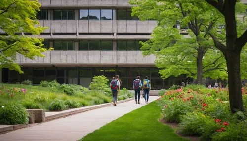 Cincinnati University architecture building, brutalist style, concrete structure, angular shapes, large windows, modern design, greenery surroundings, sunny day, warm light, campus atmosphere, student