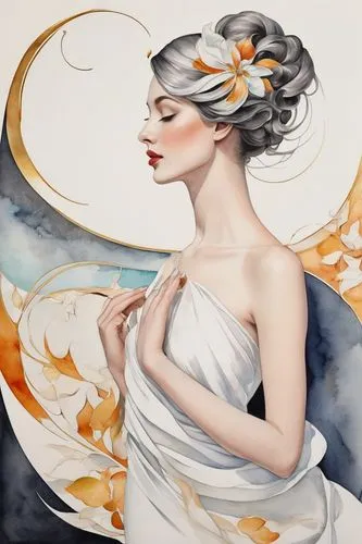 art deco woman,orange blossom,white swan,cupido (butterfly),fashion illustration,angel wing,white bird,angel wings,gardenia,white butterflies,baroque angel,the angel with the veronica veil,angel's trumpet,constellation swan,white butterfly,ulysses butterfly,peace lilies,white feather,winged heart,butterfly white,Illustration,Retro,Retro 08