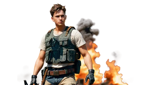 Battle-scarred male soldier, PUBG game scene, solo, (25yo), strong facial features, messy short hair, worn-out clothes, bulletproof vest, AK47 rifle, bandolier of ammo, rugged boots, intense gaze, dra