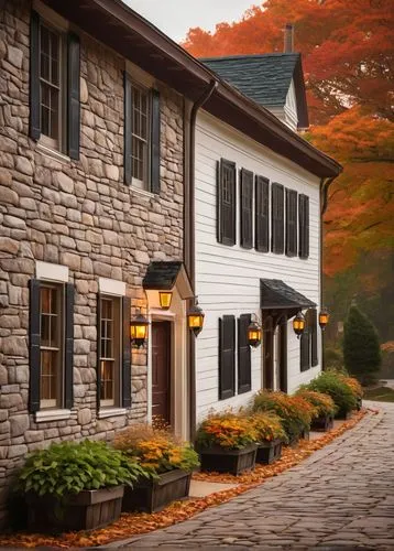 old colonial house,traditional house,cottages,townhouses,townhomes,fall landscape,stone houses,old houses,kleinburg,autumn scenery,country cottage,autumn in japan,townhome,country hotel,vermont,wooden houses,autumn decoration,cobblestone,country house,berkshires,Illustration,Retro,Retro 16