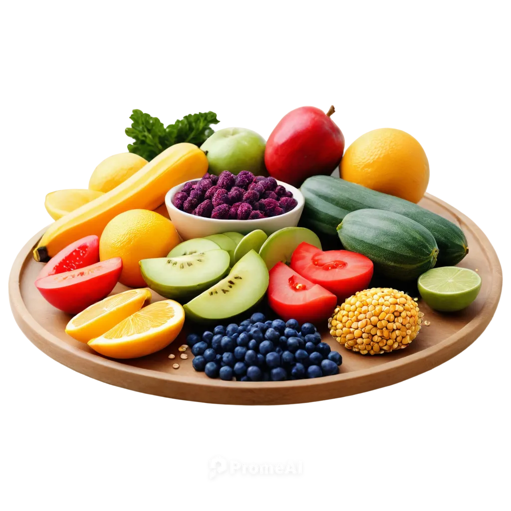 Fresh fruit, colorful vegetables, whole grains, protein powder, nutrition book, wooden table, natural light, shallow depth of field, 3/4 composition, warm color tone, cinematic lighting, slight shadow