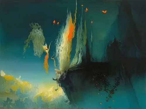 pillars of creation,fantasia,fairy chimney,transistor,fantasy landscape,pillar of fire,volcanic landscape,night scene,ervin hervé-lóránth,evening atmosphere,solomon's plume,the eruption,descent,descen