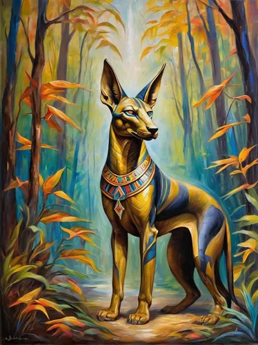 Visualize an Anubis tattoo in a mystical forest, evoking a sense of enchantment and mystery.,australian kelpie,english toy terrier,corgi-chihuahua,chihuahua,basenji,australian cattle dog,lancashire he