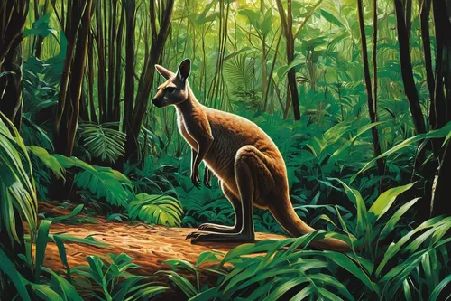 Write a thrilling story about a kangaroo in a dense jungle.,macropus rufogriseus,macropus giganteus,macropodidae,rednecked wallaby,bennetts wallaby,wallaby,red kangaroo,kangaroos,kangaroo,australian w