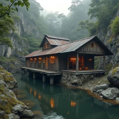 house in mountains,house in the mountains,the cabin in the mountains,house with lake,boathouse,log home,cave on the water,log cabin,boat house,shaoming,house by the water,summer cottage,wooden house,floating huts,house in the forest,beautiful home,seclusion,fisherman's house,mountain hut,secluded,Photography,General,Realistic