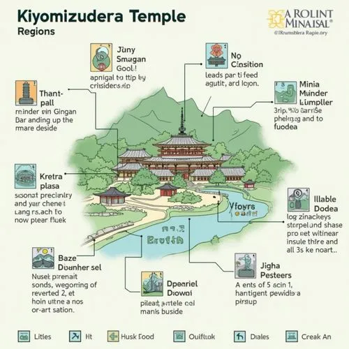 An infographic illustrating Kiyomizudera Temple, across Regions, featuring a detailed map of Kiyomizudera Temple with icons and labels representing different safety regulations in each Region, in a cl