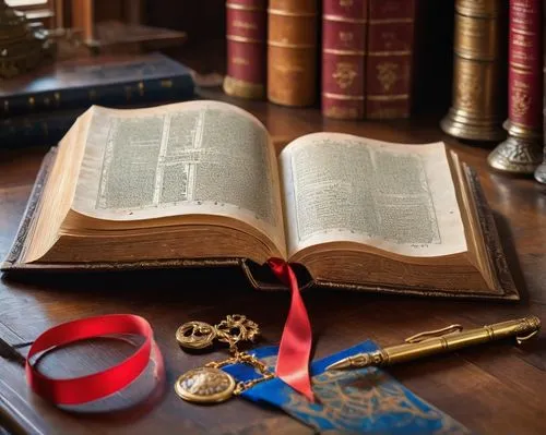 Leather-bound holy book, gold-embossed cover, intricate filigree patterns, thick parchment pages, handwritten serif font, red ribbon bookmark, ornate metal clasps, wooden desk, dimly lit study room, s