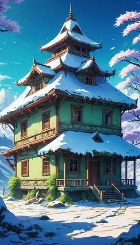 teahouse,sakura background,japanese sakura background,japanese background,yamashiro,teahouses,asian architecture,kazoku,honmaru,asanosho,champloo,maplestory,japan landscape,ancient house,roof landscape,heian,shinto,hanussen,bakumatsu,winter house,Illustration,Japanese style,Japanese Style 03