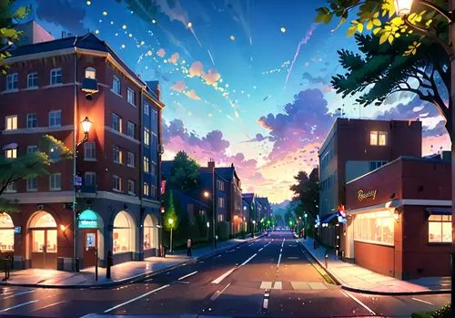 an animated sunset over the street and buildings,cartoon video game background,cloudstreet,dusk background,3d background,street lights,skylighted,background vector,colorful city,streetlights,streetlam