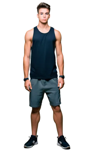 Muscular man, Shota, solo, (18yo), athletic build, detailed facial features, short spiky hair, piercing gaze, tank top, sweatpants, sneakers, confident pose, standing with feet shoulder-width apart, d