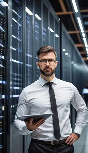 Data Centre Architecture Design Specialist, mature male, 35-40 years old, professional attire, white shirt, black tie, black formal pants, leather belt, glasses, short brown hair, calm facial expressi