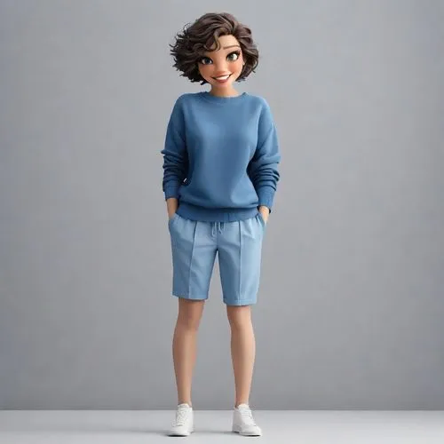 a cartoon doll in blue shirt and shorts,3d figure,model train figure,sewing pattern girls,female doll,miniature figure,doll figure