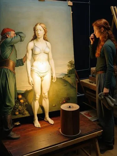 A model is being prepared by Albrecht Duerer (Nuremberg) for his next painting.,woman standing next to oil painting in large studio space,botero,perugino,woman holding pie,riemenschneider,sculptor,adv