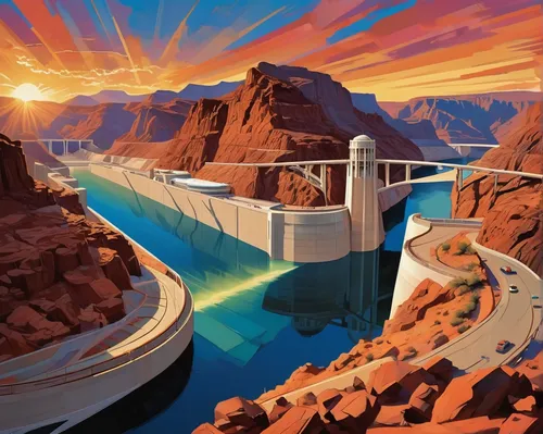 Imagine a serene evening at the Hoover Dam visitor center, with the Colorado River glittering in the sunset.,glen canyon,futuristic landscape,lake powell,rainbow bridge,canyon,narrows,street canyon,sc