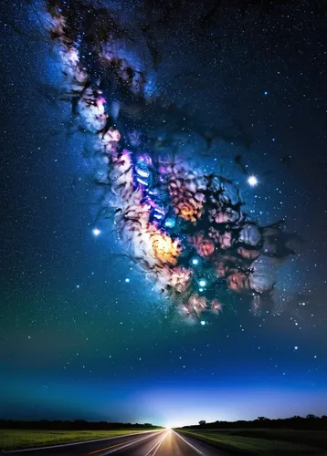 the milky way,milky way,milkyway,galaxy collision,astronomy,the night sky,night sky,colorful stars,starry sky,nightsky,galaxy,road to nowhere,night highway,colorful star scatters,universe,spiral galaxy,the universe,nothern lights,space art,road of the impossible,Conceptual Art,Fantasy,Fantasy 12