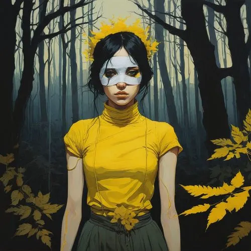 jasinski,heatherley,yellow petals,black-eyed susanne,persephone,girl with tree,Illustration,Paper based,Paper Based 19