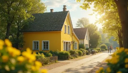 Suburban house, bright yellow walls, white window frames, green roof tiles, lush greenery surroundings, vibrant yellow flowers blooming, sunny afternoon, soft warm light, 3/4 composition, Dutch angle,