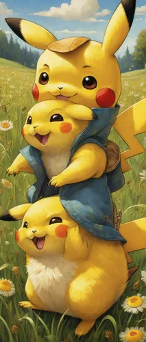 A happy Pikachu playing with friends in a sunny meadow.,pika,pikachu,pokemon,pokémon,grass family,pokemon go,would a background,april fools day background,yellow grass,starters,family portrait,pixaba,