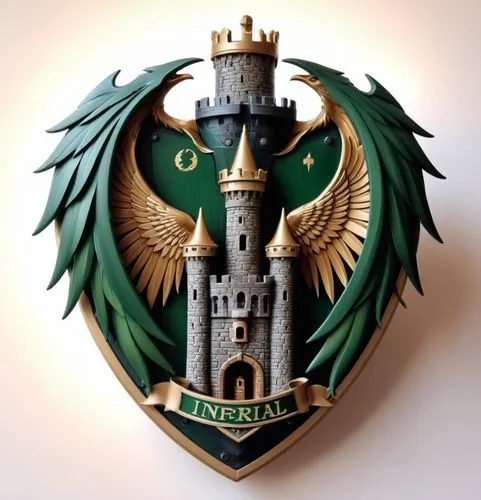 Insérer dans un bouclier vert impérial style impérial ale phénix avec une tour de château. ,the crest is made up of metal and green,hogwarts,merula,russian coat of arms,slytherin,coa,esperion