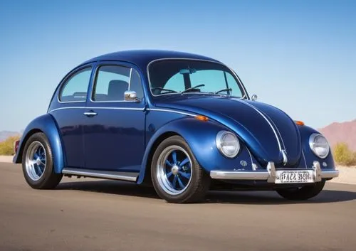 VW Beetle California style, matte blue, tinted windows, with large rims, tires and fenders, a large F1-style rear spoiler, on the license plate the letters A F D I,an older beetle is parked on the roa