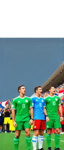 Soccer players, World Cup stadium, crowded audience, daytime, blue sky, green grass, realistic jerseys, detailed facial expressions, dynamic body language, soccer ball, goalkeeper gloves, referee unif