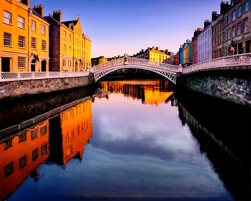 Dublin City, Ireland, Ha'penny Bridge, River Liffey, evening sunset, warm golden light, old stone buildings, Trinity College, historic architecture, cobblestone streets, lively atmosphere, 3/4 composi