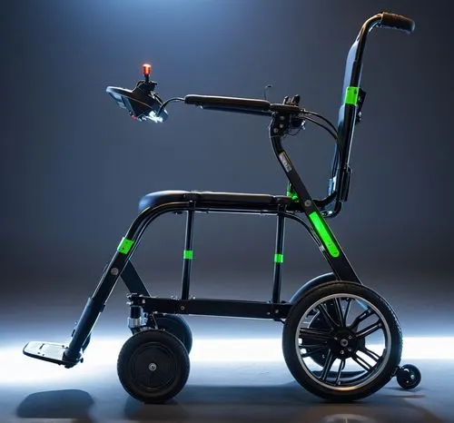 电动轮椅车,a black and green motorized wheelchair with light on it,electric scooter,bike lamp,trikke,tetraplegia,motor scooter,motorscooter,Photography,General,Realistic