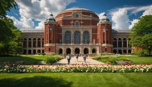 Ohio State University main building, Beaux-Arts style, grand scale, intricate stone carvings, domed roof, large arched windows, detailed columns, red brick walls, lush greenery surroundings, blooming 