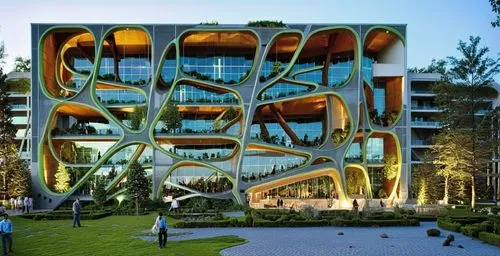 a building made out of several spirals sitting next to trees,interlace,cube stilt houses,skolkovo,europan,heatherwick,glass facade,Photography,Artistic Photography,Artistic Photography 09