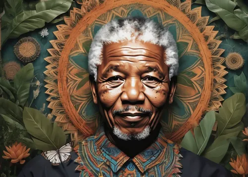 Design a peaceful Mandela art piece inspired by a serene natural setting.,african man,portrait background,wpap,africanis,afro american,mandelbrodt,afro-american,khalifa,south africa,basotho,african bu