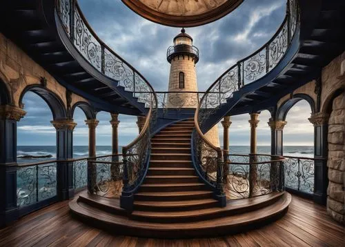 Historical 18th century European-style lighthouse, intricate stone carvings, majestic lantern room, grand spiral staircase, ornate bronze fixtures, navy blue and white striped canvas awning, weathered