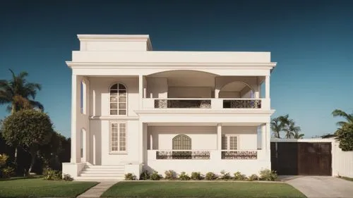 Bungalow background ,a big white house with white windows and balcony,3d rendering,residencial,garden elevation,model house,residential house,duplexes,two story house,exterior decoration,stucco frame,