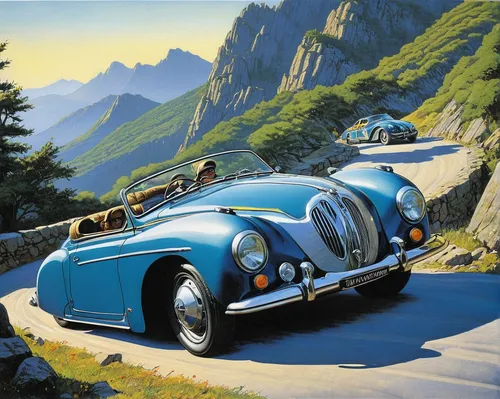 Create a thrilling race between two Karmann Gias on a winding mountain road.,bmw 328,bmw 327,jaguar xk120,jaguar xk140,jaguar xk150,alpine style,jaguar mark 1,jaguar mark 2,daimler 250,triumph tr2,hor