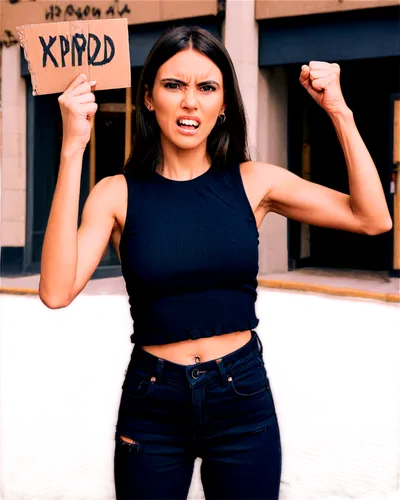 Protestor, angry expression, fist raised, diverse skin tones, ripped jeans, black t-shirt, protest sign, city street, urban background, shallow depth of field, warm color tone, cinematic lighting, pan