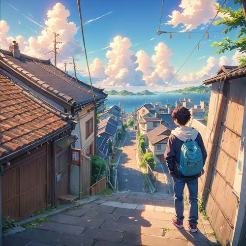 studio ghibli,hosoda,cloudstreet,ghibli,yazaki,atmosphere,roof landscape,blue sky,french digital background,shenmue,roofs,bluesky,ruelle,takahata,violet evergarden,dream world,japanese background,skyw