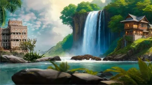 fantasy picture,fantasy landscape,rivendell,world digital painting,landscape background,cartoon video game background,water palace,riftwar,fairy tale castle,waterfalls,fantasy world,house with lake,gondolin,water mill,fairy village,fantasy city,lagoon,waterfall,fairytale castle,watermill
