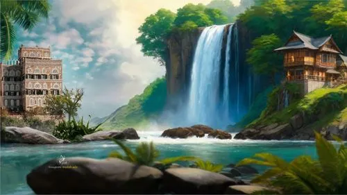 fantasy picture,fantasy landscape,rivendell,world digital painting,landscape background,cartoon video game background,water palace,riftwar,fairy tale castle,waterfalls,fantasy world,house with lake,go