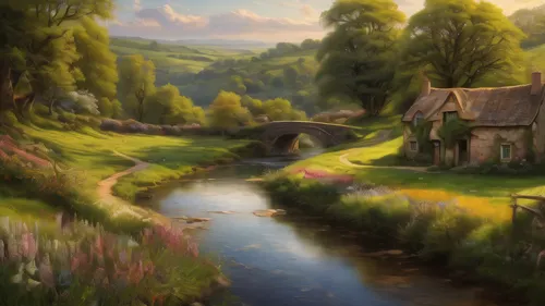 hobbiton,fantasy landscape,home landscape,meadow landscape,meadow in pastel,landscape background,rural landscape,fantasy picture,water mill,river landscape,salt meadow landscape,idyll,world digital painting,springtime background,idyllic,countryside,brook landscape,fairy village,nature landscape,green landscape,Photography,General,Natural