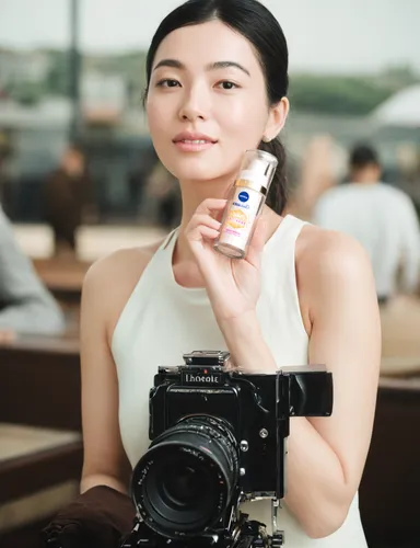 mirrorless interchangeable-lens camera,a girl with a camera,mamiya,minolta,vintage asian,japanese woman,photo camera,woman holding a smartphone,point-and-shoot camera,instant camera,camera,photo-camera,photo lens,mobile camera,halina camera,taking photo,reflex camera,full frame camera,portrait photographers,leica